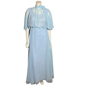 Vintage 1970s Powder Blue Sequin Chiffon Maxi Dress Size 11 12